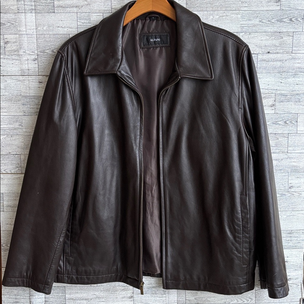 Alfani Brown Leather Coat Classic Collared Full Zip Lined‎ Jacket Mens XL Macys